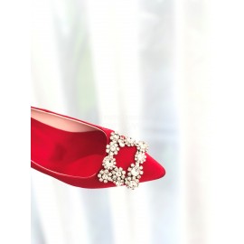 Roger Vivier Spring Summer Crystal Buckle Sheepskin Pointed High Heels Red