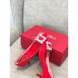 Roger Vivier Spring Summer Crystal Buckle Sheepskin Pointed High Heels Red