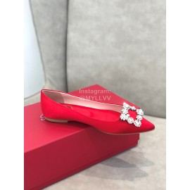 Roger Vivier Spring Summer Crystal Buckle Sheepskin Pointed Flat Heels Red