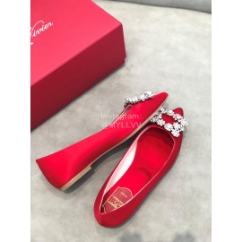 Roger Vivier Spring Summer Crystal Buckle Sheepskin Pointed Flat Heels Red