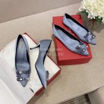 Roger Vivier Fashion Silk Classic Flower Buckle Pointed Shoes For Women Blue