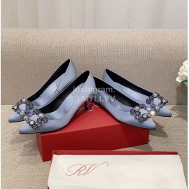 Roger Vivier Fashion Silk Classic Flower Buckle Pointed Shoes For Women Blue