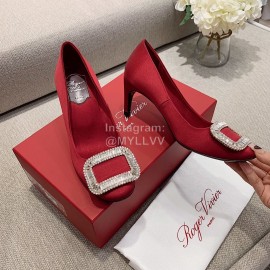 Roger Vivier Square Diamond Buckle Silk High Heels For Women Red