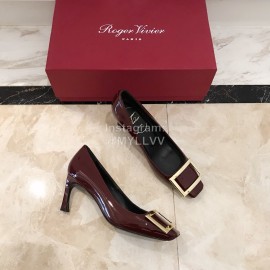 Roger Vivier New Patent Leather Square High Heels For Women Wine Red