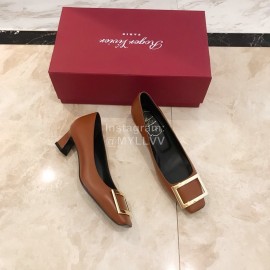 Roger Vivier Fashion Patent Leather Square High Heels For Women Brown