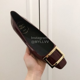 Roger Vivier Fashion Patent Leather Square Flat Heels For Women Wine Red
