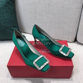 Roger Vivier New Fall Silk Square Diamond Buckle High Heels Green