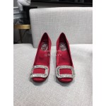 Roger Vivier New Fall Silk Square Diamond Buckle High Heels Red