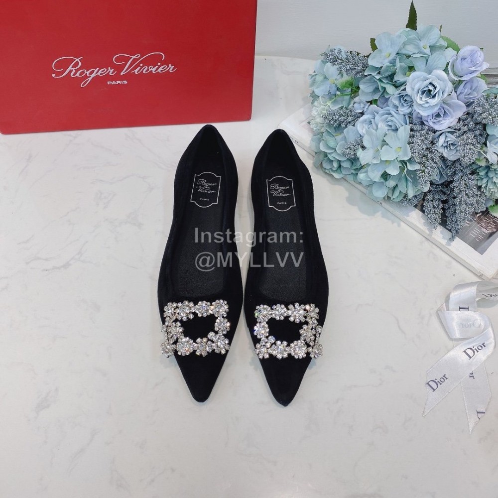 Roger Vivier Soft Sheepskin Rhinestone Pointed Flat Heel Shoes Black