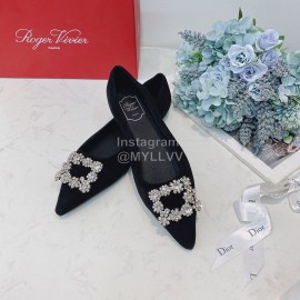 Roger Vivier Soft Sheepskin Rhinestone Pointed Flat Heel Shoes Black