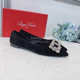 Roger Vivier Soft Sheepskin Rhinestone Pointed Flat Heel Shoes Black