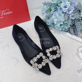 Roger Vivier Soft Sheepskin Rhinestone Pointed Flat Heel Shoes Black