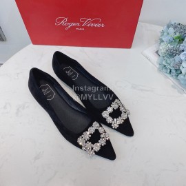 Roger Vivier Soft Sheepskin Rhinestone Pointed Flat Heel Shoes Black