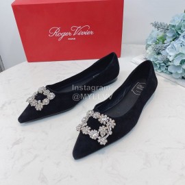 Roger Vivier Soft Sheepskin Rhinestone Pointed Flat Heel Shoes Black