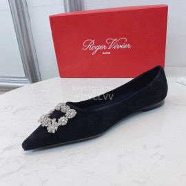 Roger Vivier Soft Sheepskin Rhinestone Pointed Flat Heel Shoes Black