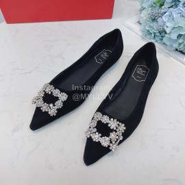 Roger Vivier Soft Sheepskin Rhinestone Pointed Flat Heel Shoes Black