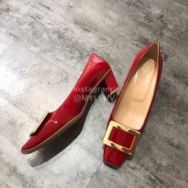 Roger Vivier Patent Leather Square Buckle High Heels For Women Red