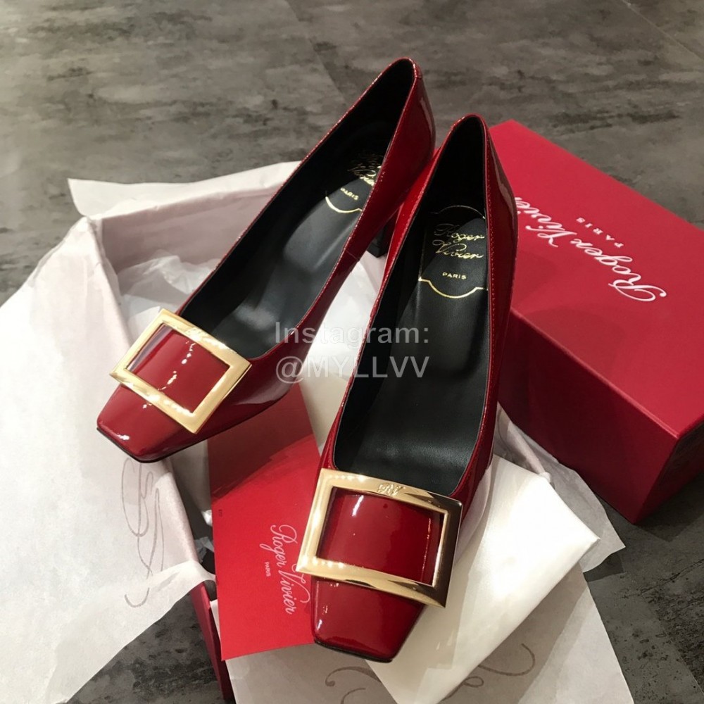 Roger Vivier New Patent Leather Square Buckle High Heels For Women Red
