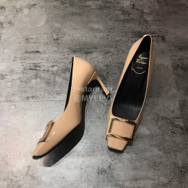 Roger Vivier New Patent Leather Square Buckle High Heels For Women Khaki