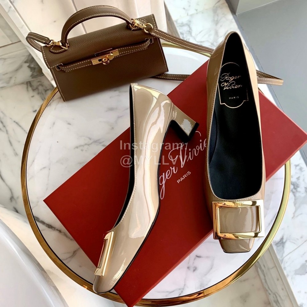 Roger Vivier New Patent Leather Square Buckle High Heels For Women Gray