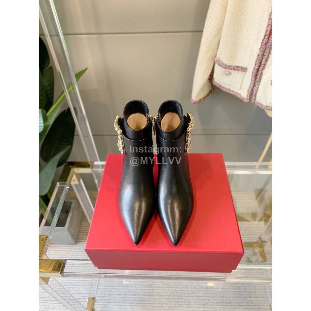 Roger Vivier Black Leather Square Buckle Pointed High Heel Boots