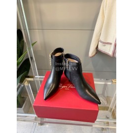 Roger Vivier Black Leather Square Buckle Pointed High Heel Boots