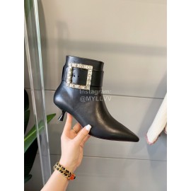 Roger Vivier Black Leather Square Buckle Pointed High Heel Boots