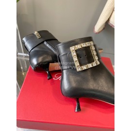 Roger Vivier Black Leather Square Buckle Pointed High Heel Boots