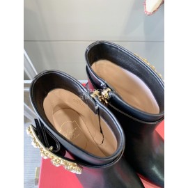 Roger Vivier Black Leather Square Buckle Pointed High Heel Boots