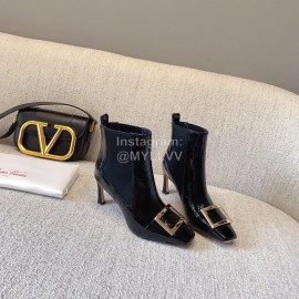 Roger Vivier New Patent Leather Square Buckle High Heel Boots Black