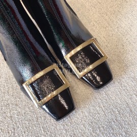 Roger Vivier New Patent Leather Square Buckle High Heel Boots Black