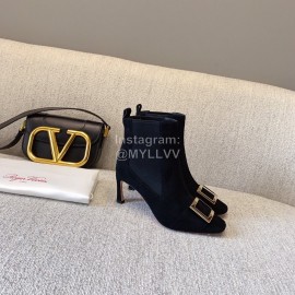 Roger Vivier New Velvet Square Buckle High Heel Boots Black