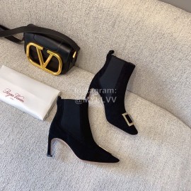 Roger Vivier New Velvet Square Buckle High Heel Boots Black
