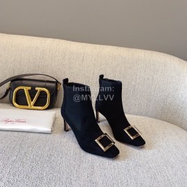 Roger Vivier New Velvet Square Buckle High Heel Boots Black
