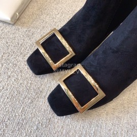 Roger Vivier New Velvet Square Buckle High Heel Boots Black