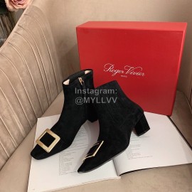 Roger Vivier New Velvet Gold Square Buckle High Heel Boots Black