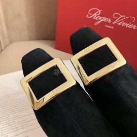 Roger Vivier New Velvet Gold Square Buckle High Heel Boots Black