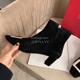 Roger Vivier New Velvet Gold Square Buckle High Heel Boots Black