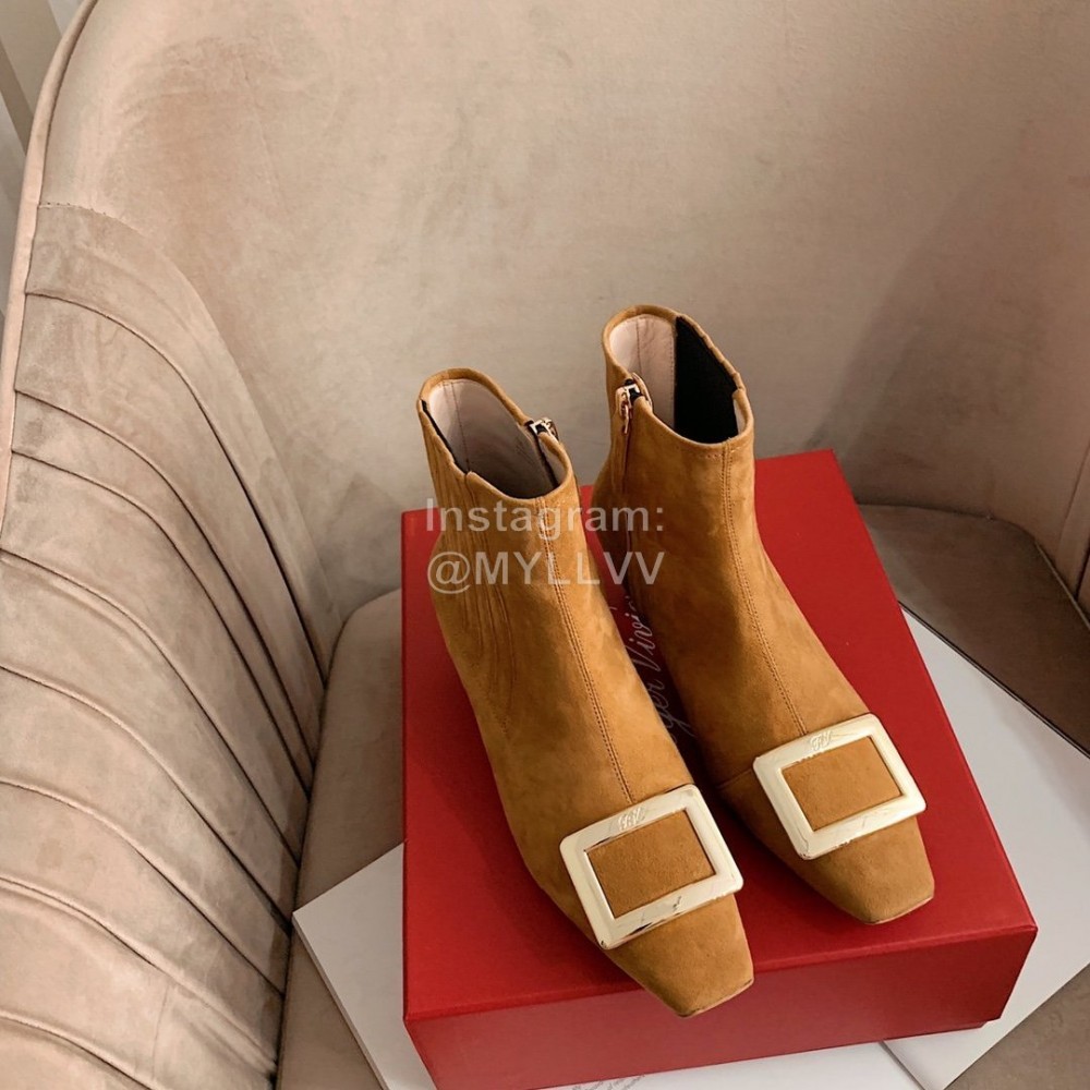 Roger Vivier New Velvet Gold Square Buckle High Heel Boots Pale Brown
