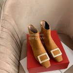 Roger Vivier New Velvet Gold Square Buckle High Heel Boots Pale Brown