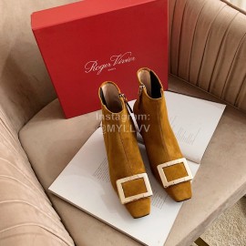 Roger Vivier New Velvet Gold Square Buckle High Heel Boots Pale Brown