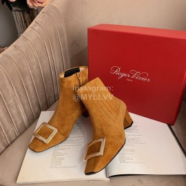 Roger Vivier New Velvet Gold Square Buckle High Heel Boots Pale Brown