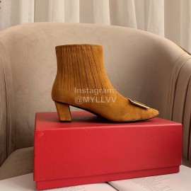 Roger Vivier New Velvet Gold Square Buckle High Heel Boots Pale Brown