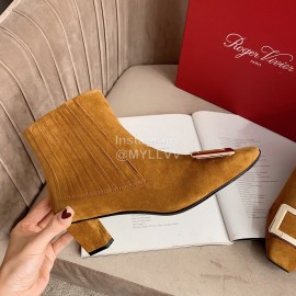 Roger Vivier New Velvet Gold Square Buckle High Heel Boots Pale Brown