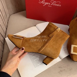 Roger Vivier New Velvet Gold Square Buckle High Heel Boots Pale Brown