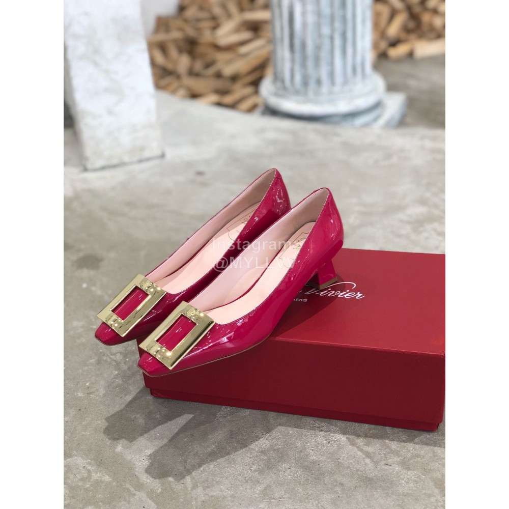 Roger Vivier Fashion Patent Leather Gold Square Buckle High Heels Red