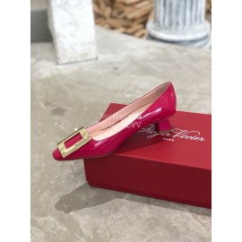 Roger Vivier Fashion Patent Leather Gold Square Buckle High Heels Red