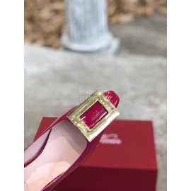 Roger Vivier Fashion Patent Leather Gold Square Buckle High Heels Red