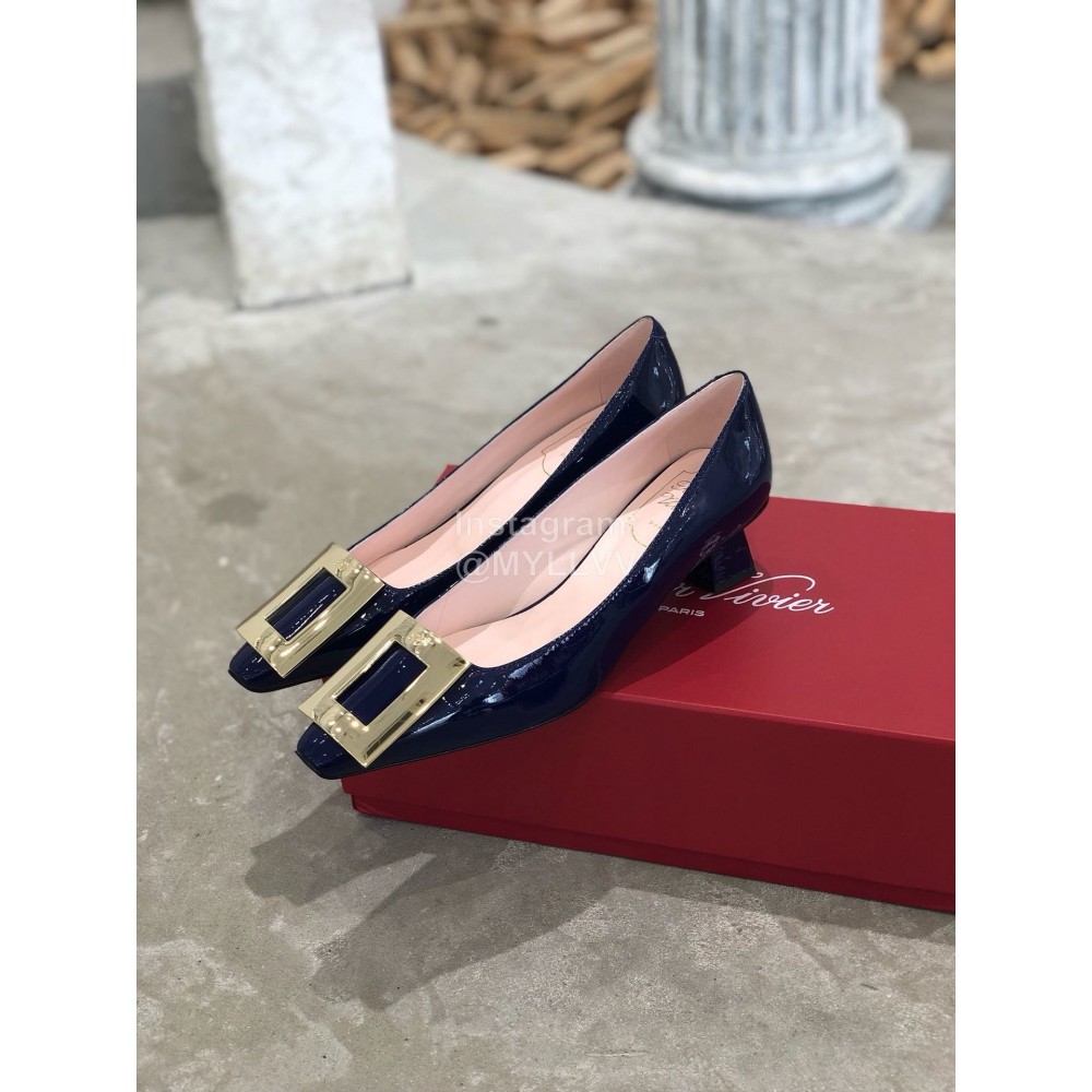 Roger Vivier Fashion Patent Leather Gold Square Buckle High Heels Blue