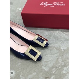 Roger Vivier Fashion Patent Leather Gold Square Buckle High Heels Blue